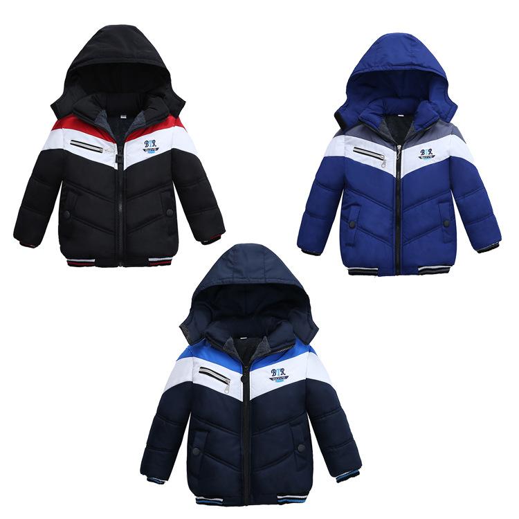 Baby Boy Patchwork Snowsuits BTR Letter Embroider Knitted Sleeve Hooded Cotton Padded Jacket Contrast Kids Windbreaker Winter Coat 2-5T